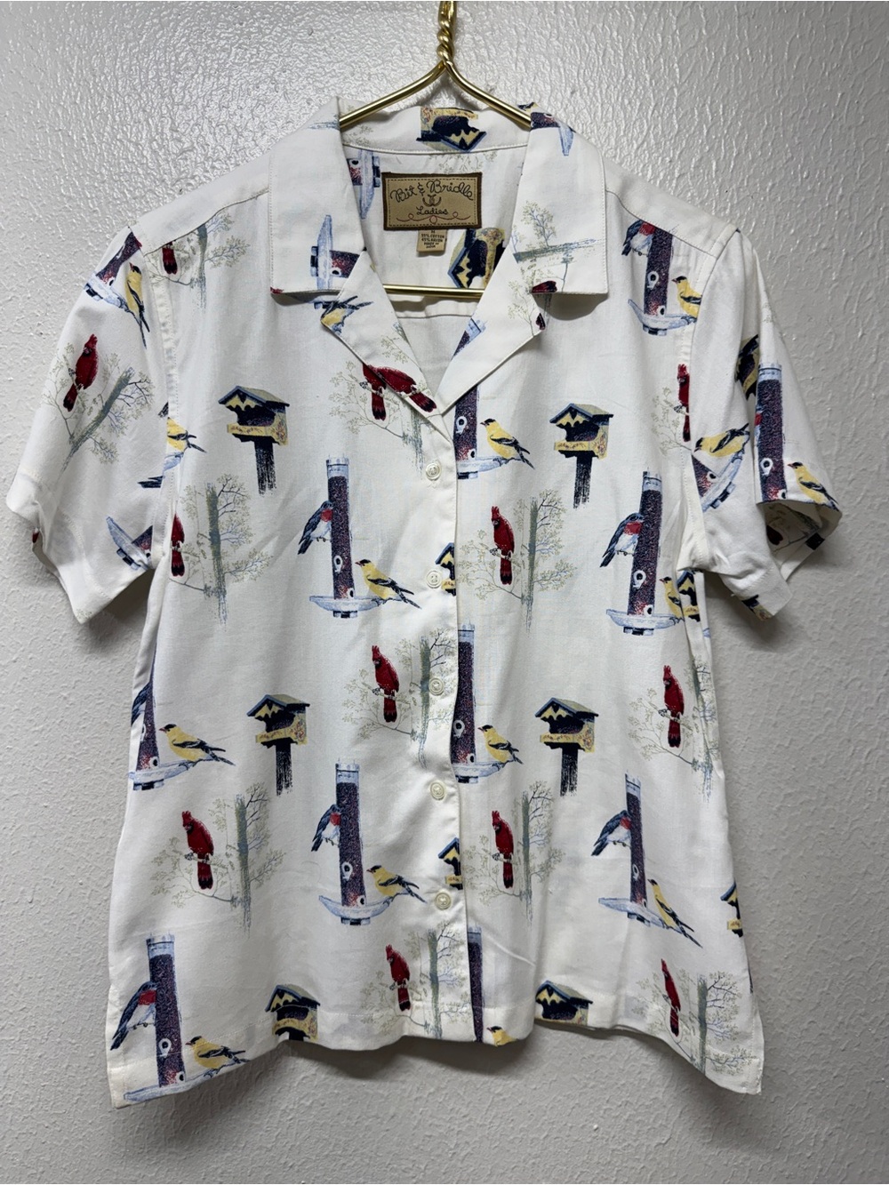 Bit & Bridle White Short Sleeve Button-Down Shirt with Red & Yellow Bird Print